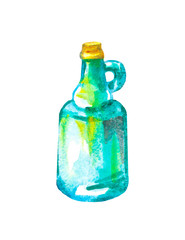 Watercolor illustration of a glass shiny bottle of turquoise blue. Isolated element on a white background.