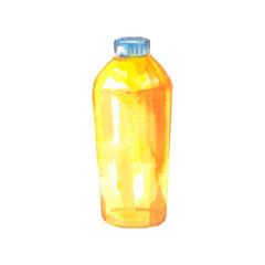 Watercolor illustration of a bright yellow bottle with a cap. Isolated element on a white background.