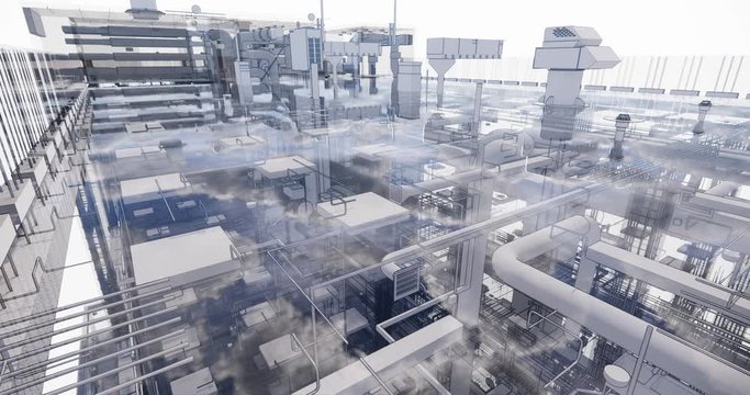 Roof top view visualization of a BIM model of utilites of building with transparent walls	