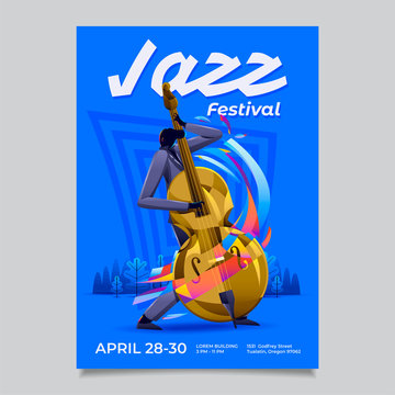 Jazz festival or event poster template, with musician playing bass music intrument illustration.