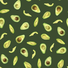 Seamless pattern with avocado. Watercolor vegetarian pattern. Seamless vegan background. Endless vegetable background. Use it for website design, textile, fabric, postcards, invitation. 