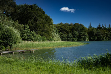 Denmark countryside with green vegetation, water and clear blue skies