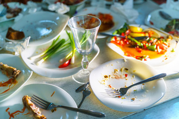 Pile of dirty dishes and cutlery. Cropped photo. Closeup