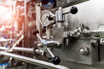 The system of milk pasteurization. Food and drinks production plant. Heat treatment. Pasteurization