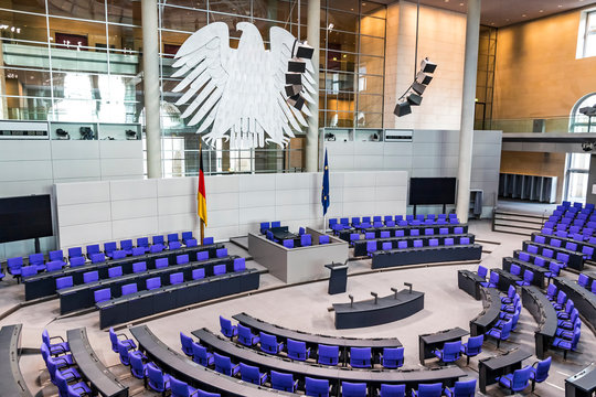 BERLIN, GERMANY - SEPTEMBER 20, 2017: Interior of Plenary Hall (meeting room) of German Parliament (Deutscher Bundestag). Building and Meeting room available for public between plenary sessions