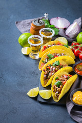 Taco shell nachos with beef, guacamole, chili, cheese salsa, tequila