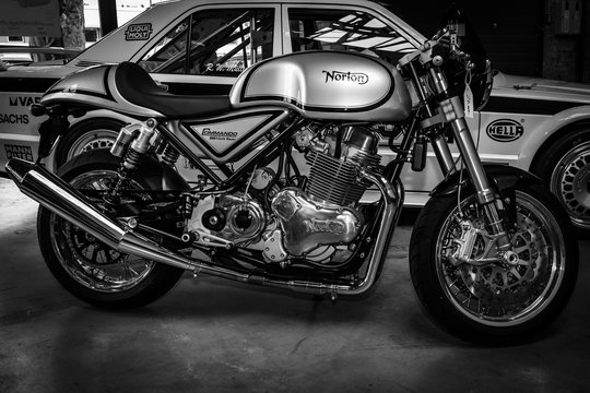 BERLIN, GERMANY - MAY 17, 2014: Sports motorcycle Norton Commando 961 Cafe Racer. Black and white. 27th Oldtimer Day Berlin - Brandenburg