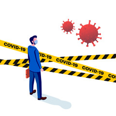 Сovid-19, danger.Overcoming adversity. An obstacle in this way. Businessman in a protective mask. Overcome obstacles. health protection, concept. Warning tapes. Vector illustration of an isometric 3D 