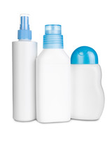 Detergent bottles and chemical cleaning supplies isolated on white background, included clipping path