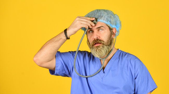 Take care of yourself. Burnout and nervous system disease. Monitor symptoms. Medical insurance. Virus concept. Man work hospital. Bearded doctor uniform stethoscope. Medical check up. Medical help