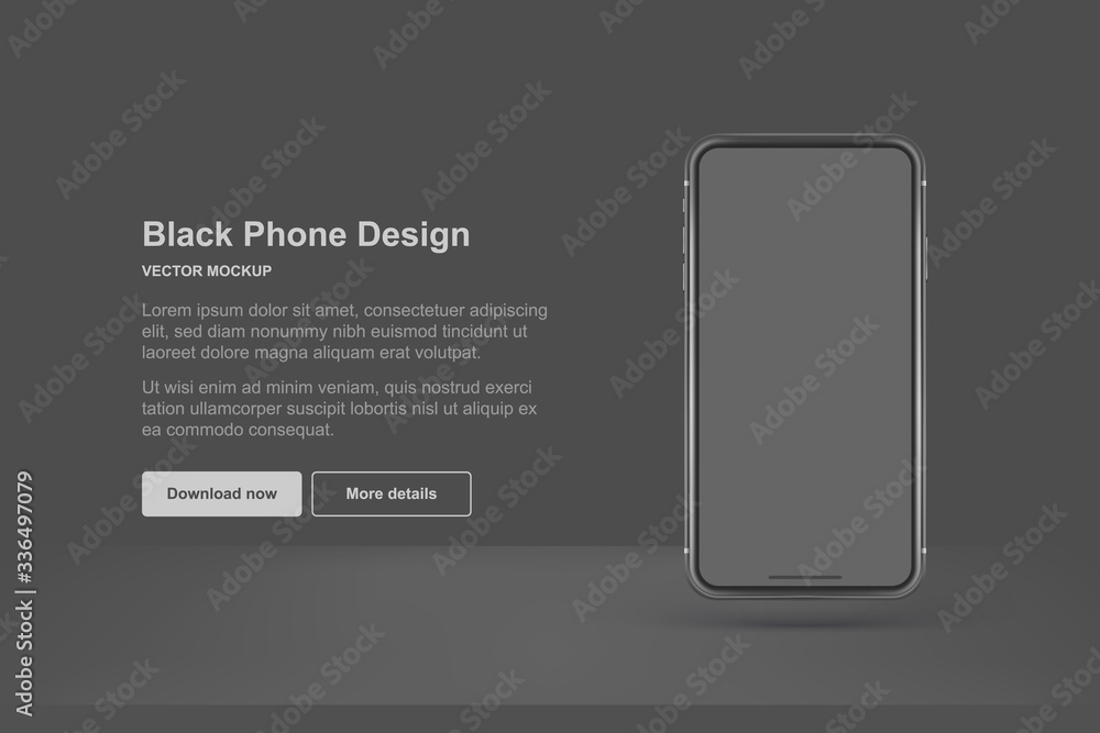 Poster black vector phone isolated on dark background. realistic template. mock up with empty screen for bu