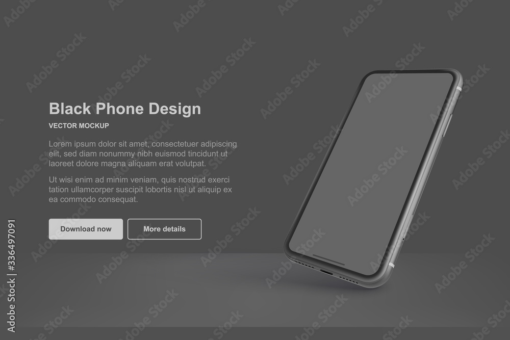Poster black vector phone isolated on dark background. realistic template. mock up with empty screen for bu