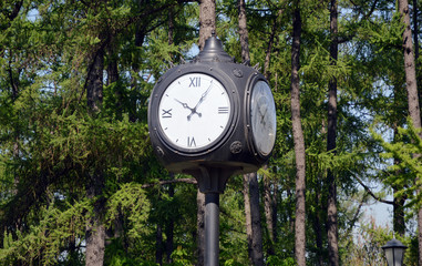 Decorative street clock on a background of green trees in Moscow
