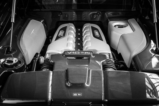 BERLIN, GERMANY - MAY 17, 2014: Engine V10 F21 modern sports car Audi R8. Black and white. 27th Oldtimer Day Berlin - Brandenburg