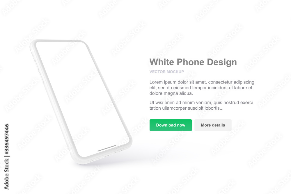 Poster white vector phone design for presentation app. realistic template. mock up with empty screen.
