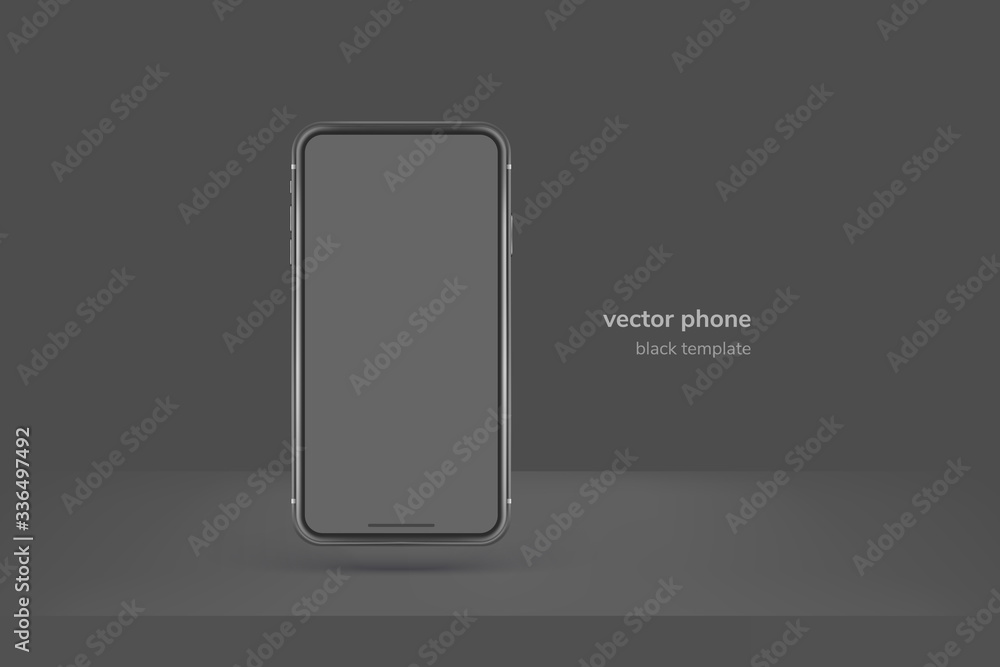 Poster black vector phone isolated on black background. realistic template. mock up with empty screen for b