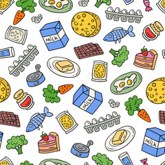background. Hand drawn elementsVector colorful pattern on the theme of food, everyday products, supermarket. Background with isolated vegetables, dairy products, sweets, preservation, cheese, fish