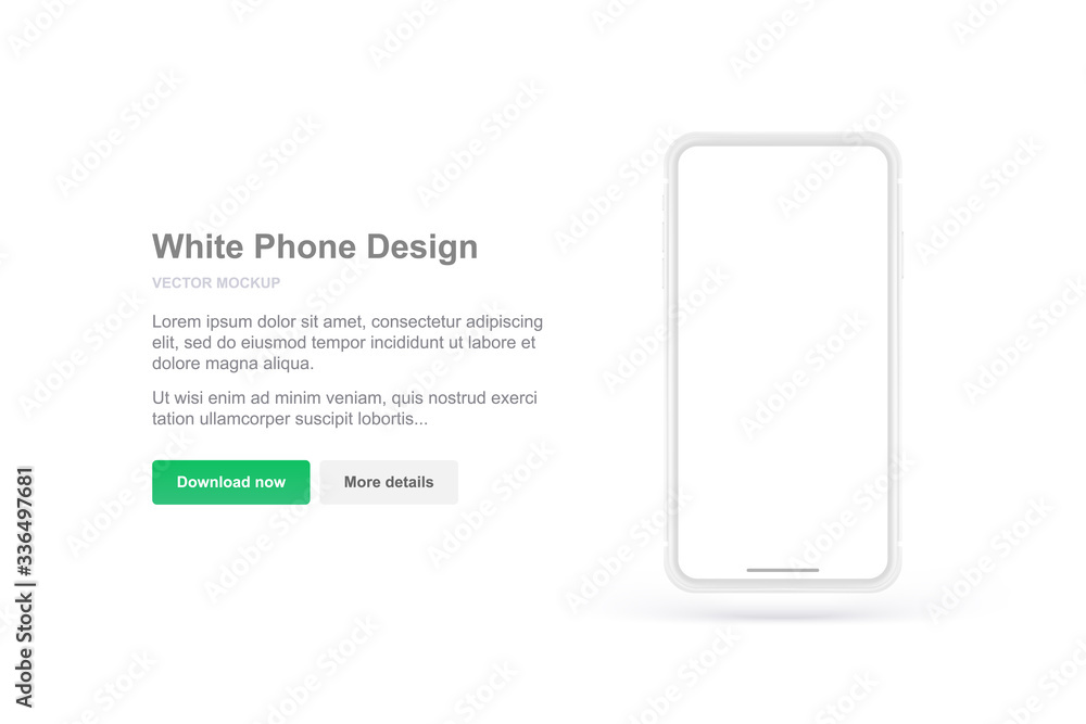 Poster white vector phone design for presentation app. realistic template. mock up with empty screen.