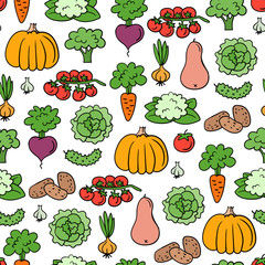 Vector colorful pattern on the theme of food, proper nutrition, vitamins, vegetarian food. Background with vegetables on white color