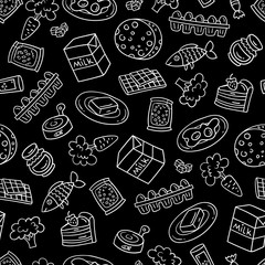Vector pattern on the theme of food supermarket. Background with everyday products on black color