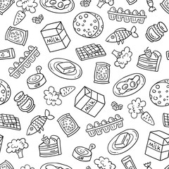 Vector pattern on the theme of food supermarket. Background with everyday products on white color