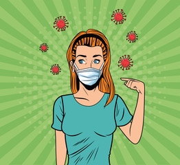 woman using face mask for covid19 pop art style