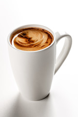 Delicious americano lungo coffee in white ceramic mug. White background. Highest quality of coffee ground. Content for coffee addicted guys