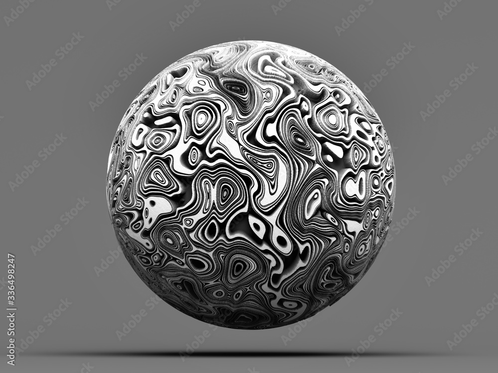 Wall mural 3d render of black and white abstract art of surreal 3d ball or stone planet with organic curve wavy