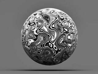 3d render of black and white abstract art of surreal 3d ball or stone planet with organic curve wavy lines pattern on dark grey background