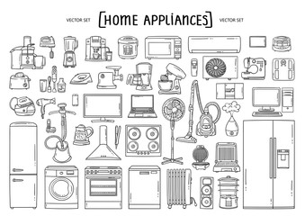Vector hand drawn set on the theme of home appliances. Isolated doodles of technics on white background. Line art