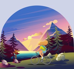 Active Recreation in the Forest. Girl Uses the Route for a Bicycle Ride. Beautiful View Of The Forest, Lake, Sunset, Mountains. Flat 2D Character