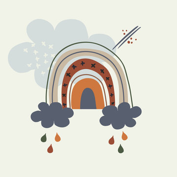 Vector background with hand drawn rainbows and sky.
