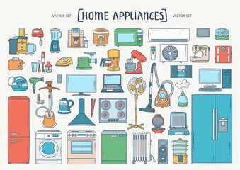 Vector colorful hand drawn set on the theme of home appliances. Isolated cartoon doodles of electronics. Line art