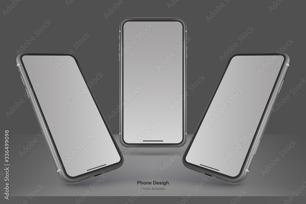 Poster set of black vector phones isolated on black background. realistic template. mock up with empty scre