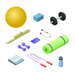 ector isometric set of fitness and yoga equipment with smartphone, wireless headphones. Sport at home anytime. 