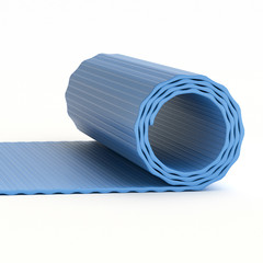 Close up 3D rendering of Blue Yoga Matt rolled up on isolated white background