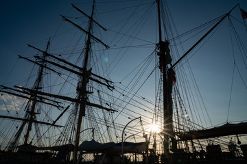 Historic square rig sailing ship moored at dock at Williamstown.