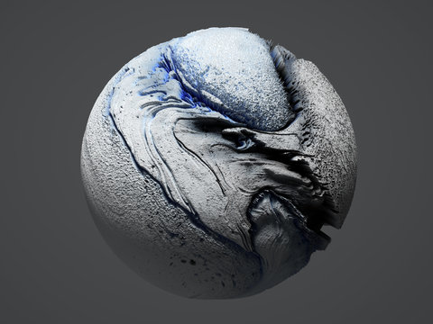 3d Render Of Abstract Art Of Surreal 3d Stone Ball Sphere Or Planet Earth, Moon, Or Asteroid With Damages And Scratches With Black And Blue  Arts On Dark Grey Background