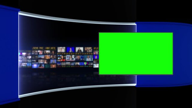Tv Studio. Studio. News studio.Blue background. Newsroom Background for News Broadcasts. Blurred of studio at TV station. News channel design. Control room. 3D rendering
