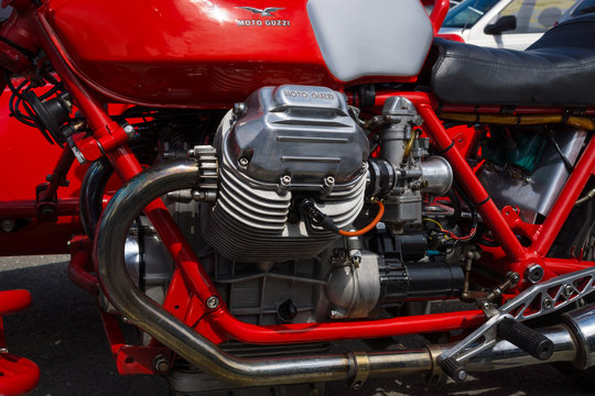 BERLIN, GERMANY - MAY 17, 2014: Engine of the Italian motorcycle Moto Guzzi V7. 27th Oldtimer Day Berlin - Brandenburg