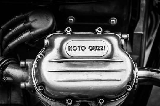BERLIN, GERMANY - MAY 17, 2014: Detail of a engine of the Italian motorcycle Moto Guzzi V7. Black and white. 27th Oldtimer Day Berlin - Brandenburg