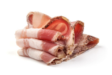 Smoked bacon slices, sliced pork brisket, isolated on white background
