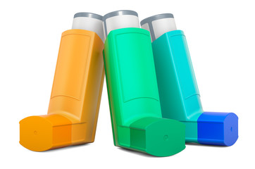 Set of colored metered-dose inhalers, 3D rendering