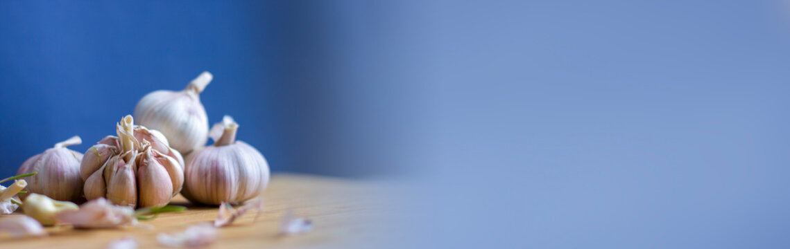 Three garlic heads on a blue background with space for text. Prevention of acute respiratory diseases and coronavirus. Health.