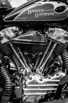 BERLIN, GERMANY - MAY 17, 2014: Twin Cam engine of the motorcycle Harley-Davidson. Black and white. 27th Oldtimer Day Berlin - Brandenburg