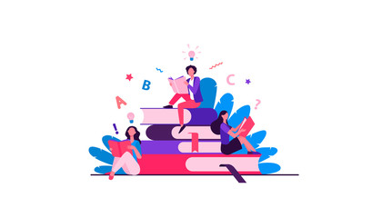 Students studying textbooks. Woman sitting on stack of books and reading. Vector illustration for library, bookworm, bookstore concept