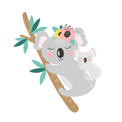 Cute cartoon koala on a white background. Kids print. Vector