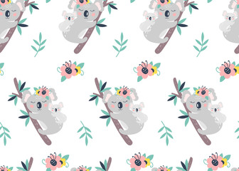 Seamless pattern with cute koala on a white background. Vector