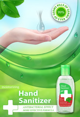 Hand Sanitizer gel ads. Antiseptic for hands in bottles. Antibacterial effect, best protection against viruses. Vertical banner. Vector