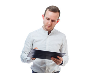 man businessman, a teacher, a mentor, study and sign documents a new Business Projects. Isolated on...